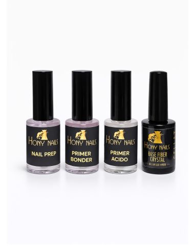 kit preparazione unghie con nail prep primer bonder primer acido e base fiber crystal hony nails